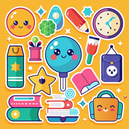 Cute cartoon stickers with a clock, books, a paint brush, a backpack, and other fun objects.のイラスト素材