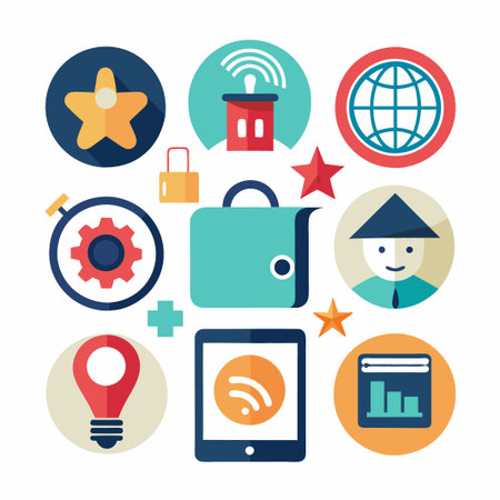 Colorful flat icons in circles on a white background.のイラスト素材