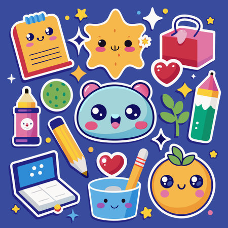 Cute cartoon stickers with various themes like school, food, and nature.のイラスト素材