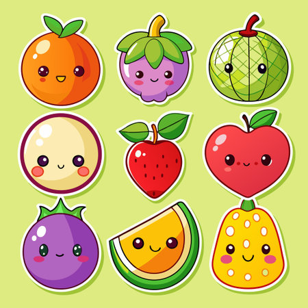 Nine cute cartoon fruits with happy faces.のイラスト素材