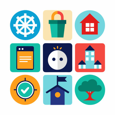 Nine colorful flat icons with various symbols, including a house, a tree, a bucket, a lightbulb, a target, and a document.のイラスト素材