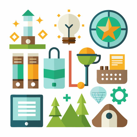 Colorful flat icons set with various shapes, including a lightbulb, a star, trees, and a rocket.のイラスト素材