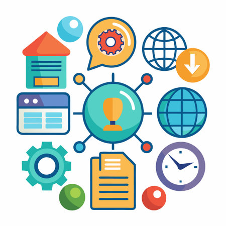 Colorful icons representing business and web elements surrounding a central human figure.のイラスト素材