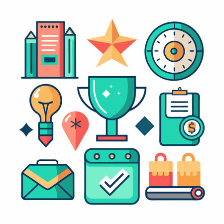 Colorful business icons with a trophy, shopping bags, and a clock.のイラスト素材