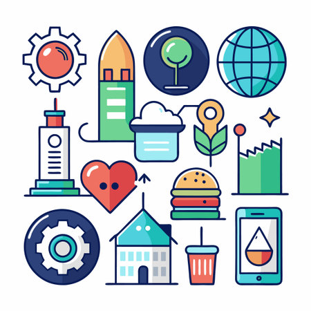 Colorful icons with a gear, rocket, plant, globe, building, heart, burger, phone, house, and cup.のイラスト素材