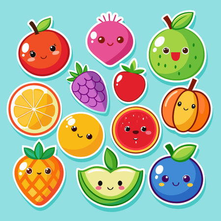 Cute cartoon fruit stickers with kawaii faces.のイラスト素材