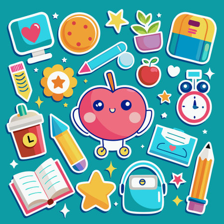 Cute colorful stickers with school supplies, stationery, and cute apple character.のイラスト素材