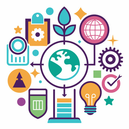 Colorful infographic with global, plant, lightbulb, chart, and gear icons.のイラスト素材