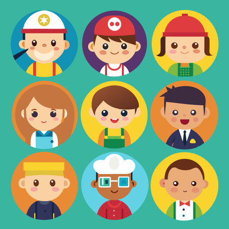 Set of nine adorable cartoon characters with different professions, each depicted in a colorful...