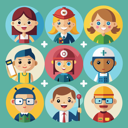 Nine cartoon avatars with various professions.