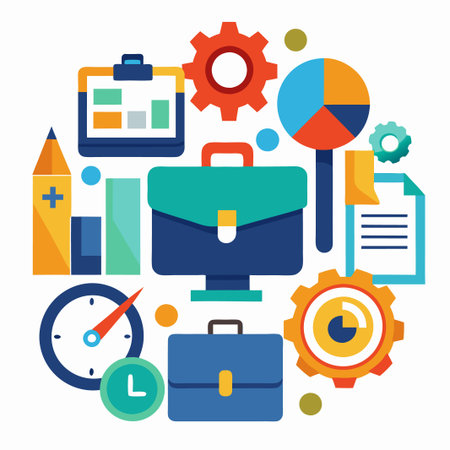 Colorful business icons with gears, charts, and briefcases.のイラスト素材