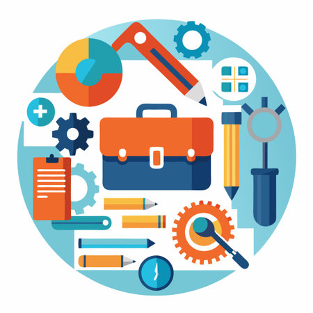 Colorful flat design icons arranged in a circle on a blue background.のイラスト素材