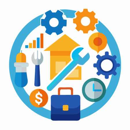 Colorful illustration of business and finance concepts with icons.のイラスト素材