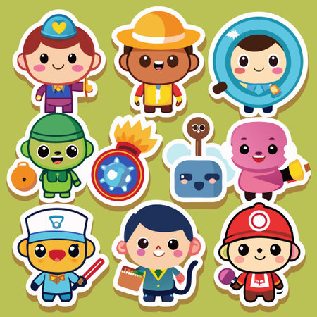 Cute cartoon character stickers, including a policeman, a fireman, a chef, a pilot, a doctor, a scientist, and a farmer.のイラスト素材