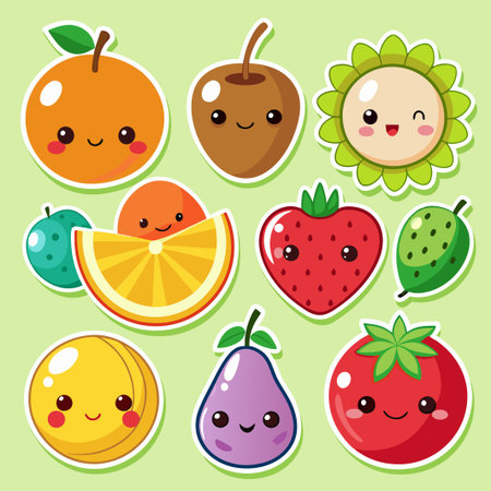 Cute cartoon fruits and vegetables with happy faces.のイラスト素材