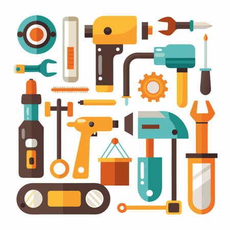 Flat illustration of a collection of tools in a variety of colors, including wrenches, screwdrivers,...