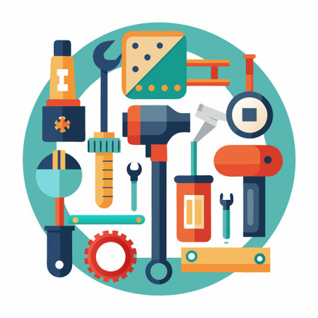 A circle of assorted tools in a flat design.のイラスト素材