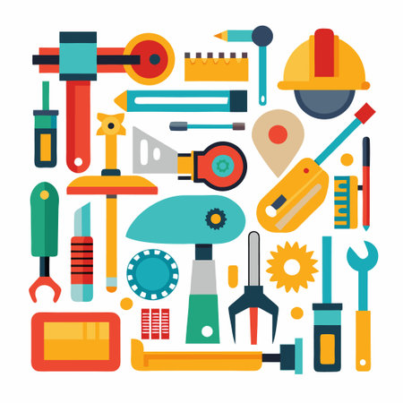 A colorful collection of tools and equipment, including a wrench, a hammer, a saw, a level, a pencil, and a hard hat.のイラスト素材
