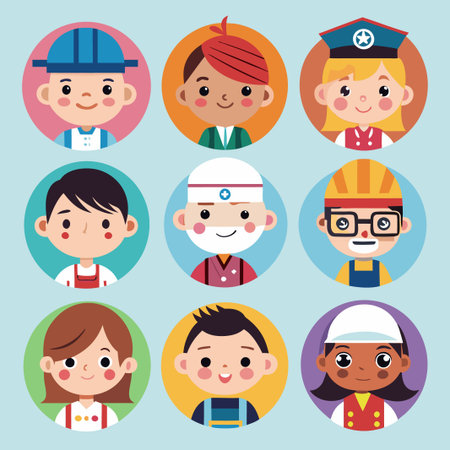 Nine cartoon avatars of different professions.