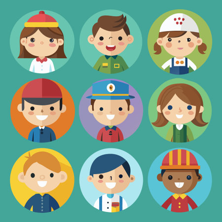 Nine cute cartoon people with different jobs and outfits.