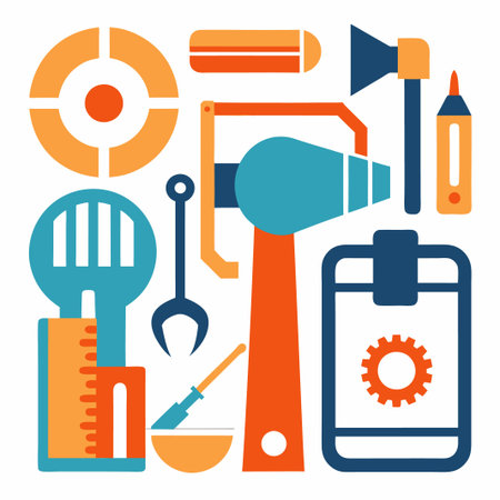 Colorful flat design icons with tools, targets, and gear.