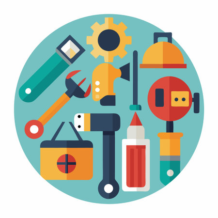 Flat design illustration of colorful tools in a circle.