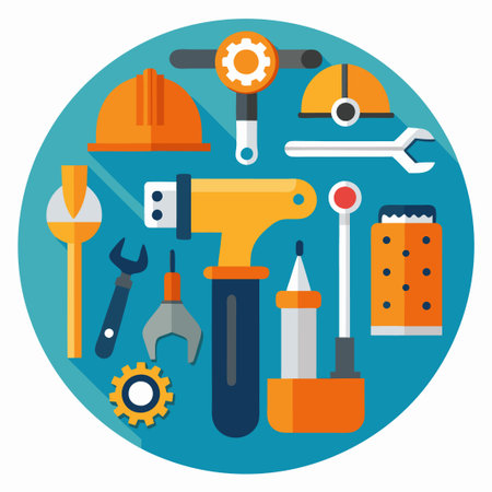 Flat design illustration of construction tools in a circle.