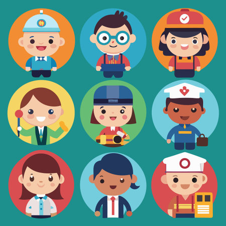Nine diverse cartoon people in different professions, such as a fireman, policeman, and doctor, all...