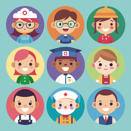 Nine smiling cartoon people in circles, each representing a different profession.