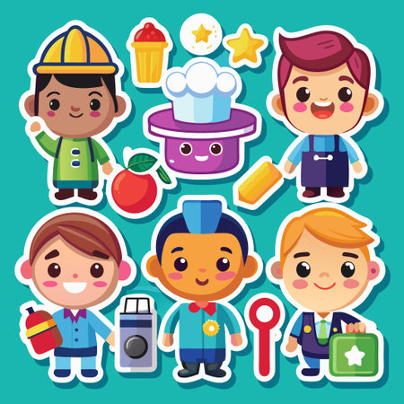 Cute cartoon characters in different professions holding various objects on a teal background.のイラスト素材