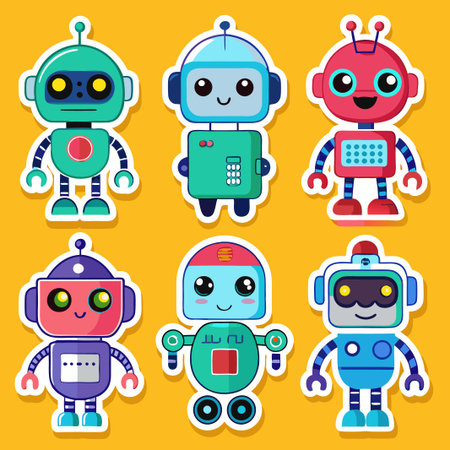 Six colorful cartoon robots, with a yellow background, are sticker-style illustrations.