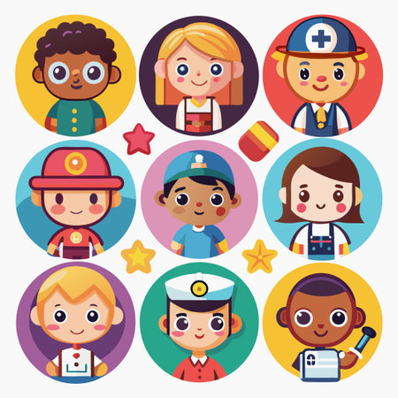 Cute cartoon characters of different professions wearing uniforms.