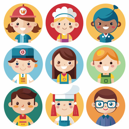 Nine cartoon avatars of smiling children with different professions, occupations, and jobs.