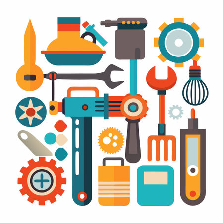 Colorful flat design icons of tools, instruments, and equipment.のイラスト素材