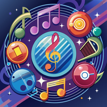 Colorful music notes and musical symbols on a dark blue background with stars.のイラスト素材