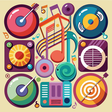 Colorful music design with vinyl record, radio, musical notes, and other musical instruments.のイラスト素材