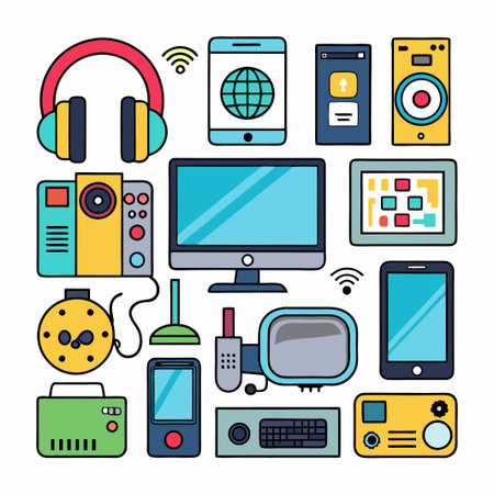 Colorful line art icons representing various devices.のイラスト素材