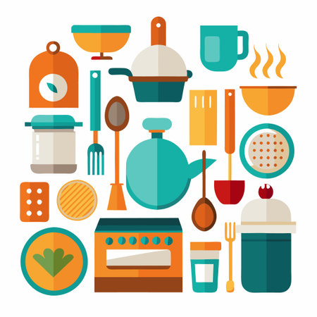 Colorful Kitchen Utensils and Appliances on White Background.のイラスト素材