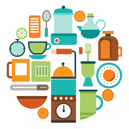 Colorful kitchenware and food icons in a circle.のイラスト素材
