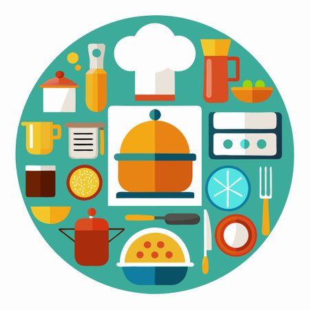 Colorful kitchen utensils in a circle.のイラスト素材