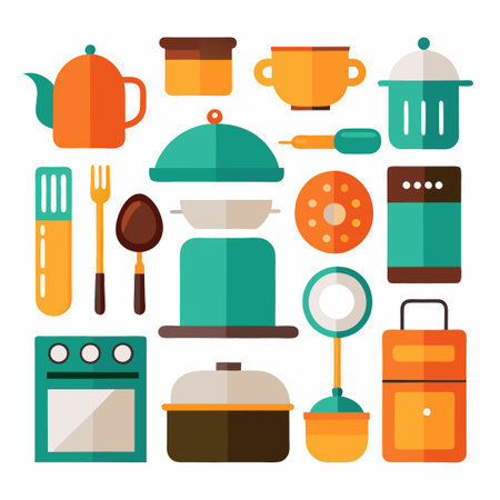 Colorful flat design kitchenware icons on white background.のイラスト素材