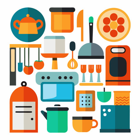 Flat design kitchen icons set with teapot, oven, knives, forks,  and other kitchen utensils.のイラスト素材