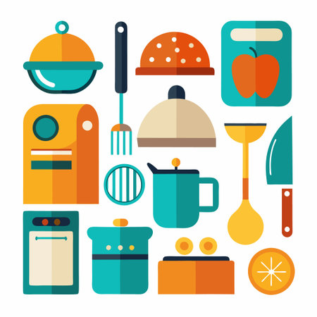 Collection of colorful flat style kitchen utensils and appliances.のイラスト素材