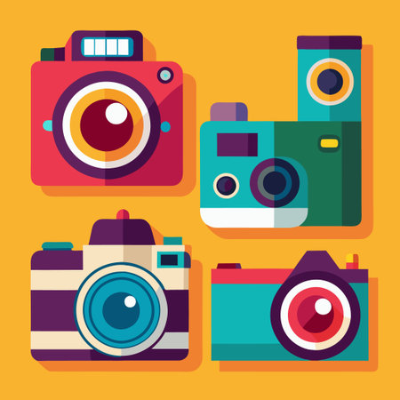 Four Colorful Flat Design Cameras with Lenses on a Yellow Background.のイラスト素材