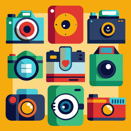 A colorful illustration of nine different camera icons.のイラスト素材
