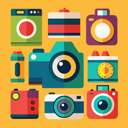 A collection of nine colorful and flat design style camera icons.のイラスト素材