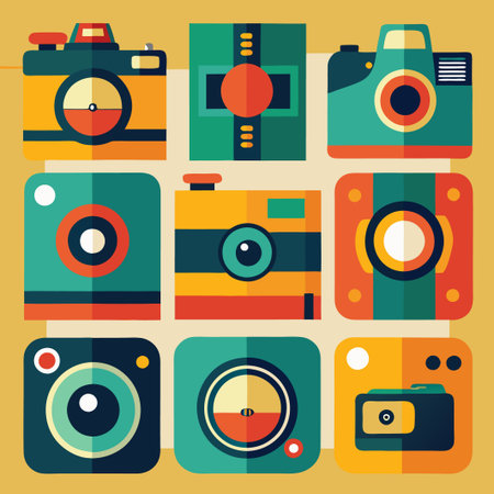 Nine colorful camera icons with various designs.のイラスト素材