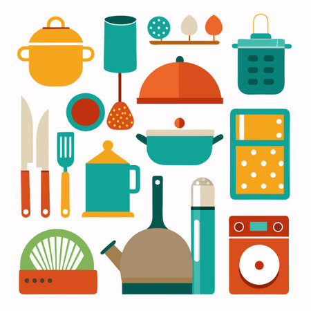 Colorful Kitchenware Illustration with Pots, Pans, and Utensils.のイラスト素材