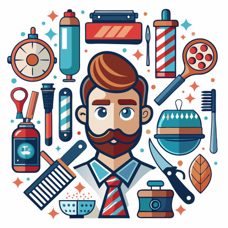 Illustration of a man with a beard and a variety of barbershop tools around him.のイラスト素材