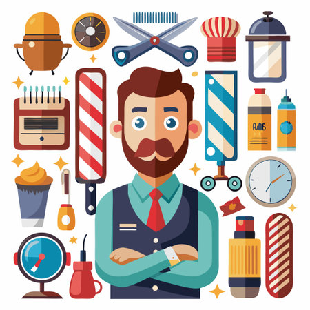 Barber shop tools with smiling man with mustache in flat style.のイラスト素材